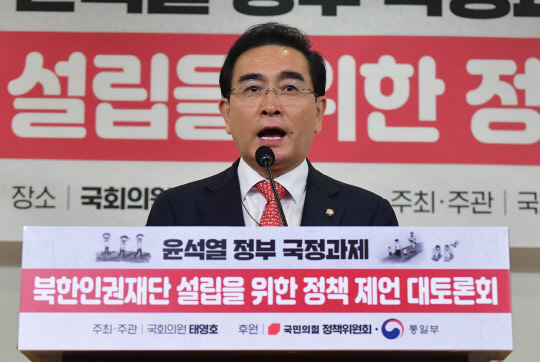 지난 6월13일 서울 여의도 국회 의원회관에서 탈북 고위외교관 출신이자 국회 외교통일위원인 태영호 국민의힘 의원이 '윤석열 정부 국정과제-북한인권재단 설립을 위한 정책 제언 대토론회'를 개최한 가운데 발언하고 있다.<태영호 국회의원 페이스북 사진>